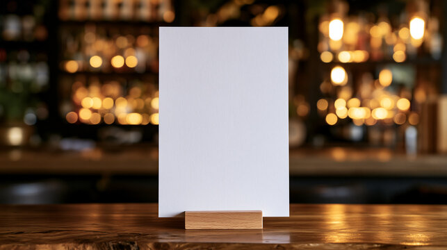 Blank white paper menu on a wooden stand at a bar counter. Ideal for restaurant branding and promotional display.