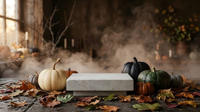 Empty Stone Pedestal Surrounded by Autumn Leaves and Pumpkins in a Foggy and Atmospheric Setting.