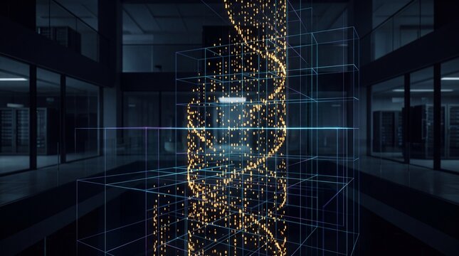 Digital dna helix structure formed by binary code data stream inside a futuristic data center server room