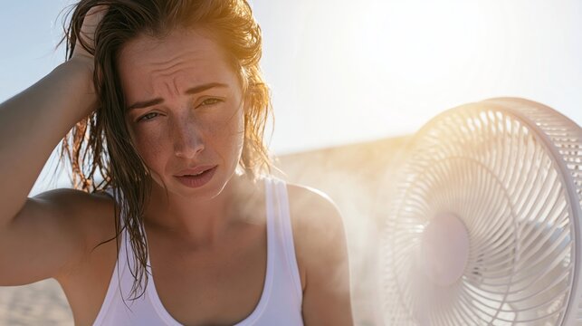 Young woman suffering from heatwave seeking relief, cooling face with electric fan mist on hot summer day