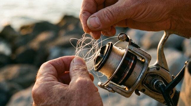 Hands Carefully Untangling Fishing Line from Fishing Reel Outdoors