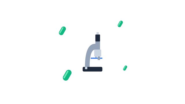 Animated Microscope with Floating Green Capsules for Scientific Research and Medical Education.
