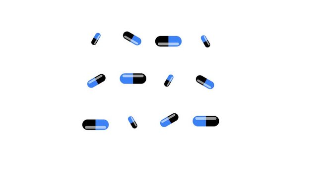 Floating Blue and Black Medical Capsules on White Background.