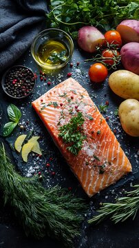 Raw salmon fillet with fresh herbs, spices, and vegetables ready