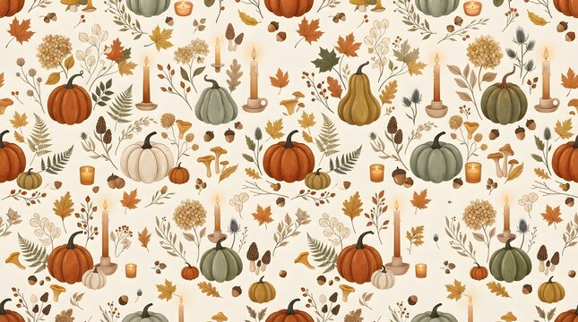 Seamless Autumn Pattern Featuring Pumpkins, Candles, Dried Leaves, And Forest Elements On Cream.