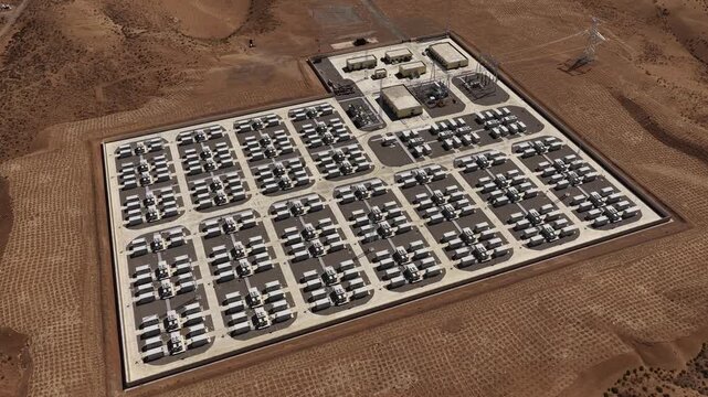 Aerial View of Utility-Scale Solar Farm with Battery Energy Storage System in Arid Desert