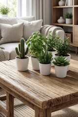 Fototapeta premium Wooden table with potted plants sits in cozy living room with sofa and bookshelf. Natural light fills room creating serene atmosphere. Home decor brings botanical touch inside.