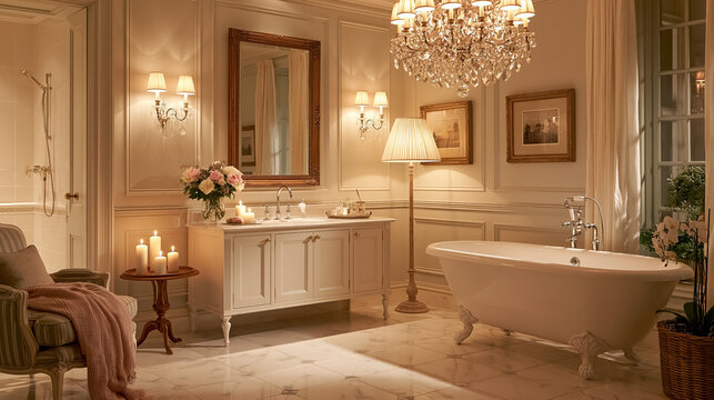 Luxurious bathroom interior presenting a serene setting with classic furniture, chandelier, and illuminated candles for a calming wellness experience