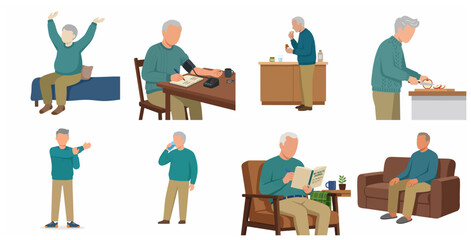 Fototapeta premium Senior Man Daily Healthy Routine and Wellness Activities Flat Vector Illustration Set
