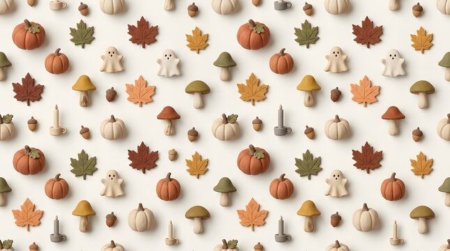 Soft autumn Halloween pattern with small pumpkins, ghosts, mushrooms, acorns, and colorful leaves.