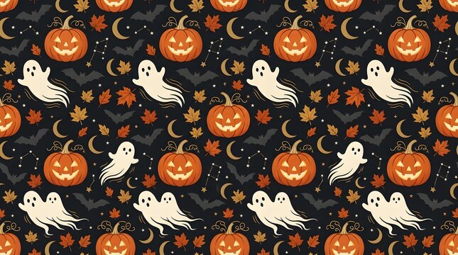 Spooky Halloween Pattern With Smiling Pumpkins Ghosts Bats And Crescent Moon On Dark Background.