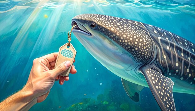 Hand feeding a whale shark underwater in the ocean.
