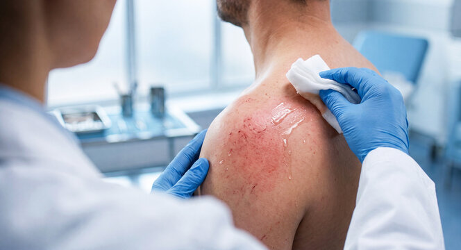 Healthcare professional cleans a broad superficial abrasion on a male patient's shoulder using sterile gauze. Close-up medical treatment of a skin injury.
