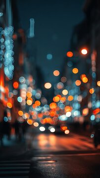 Vibrant bokeh lights illuminate a blurred city street at night