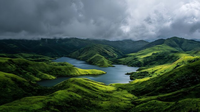 Vast undulating green hills perfectly frame a calm blue lake under a dramatic cloudy sky