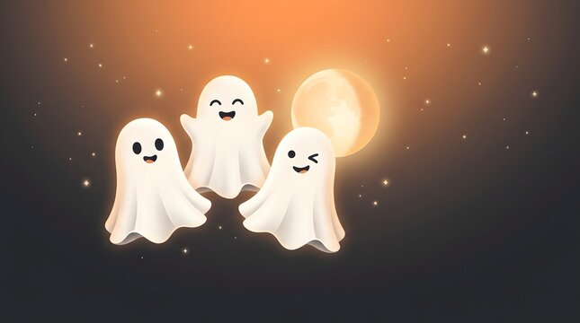 Three cute cartoon ghosts floating together under a bright glowing full moon in a dark night.