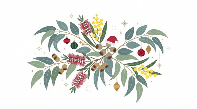 Australian Native Floral Christmas Illustration with Eucalyptus Leaves, Bottlebrush, and Baubles