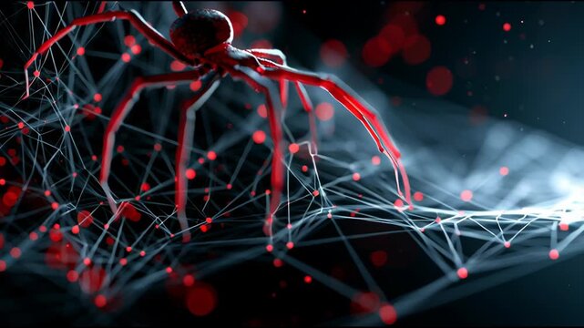 A red spider moves across a frosted network web filled with glowing nodes in a dark environment during nighttime hours.