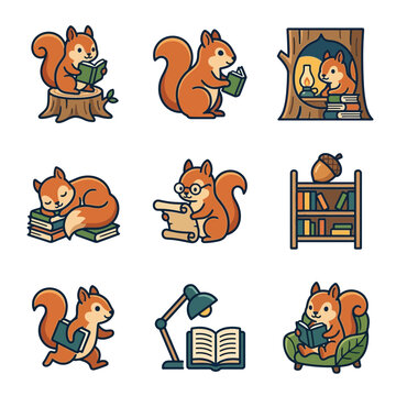 Squirrel scholar characters reading in library.