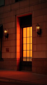 Warm orange light glows from a building window at night
