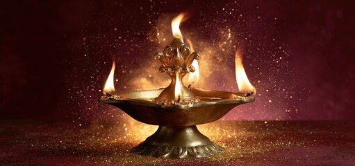 Fototapeta premium A brass oil lamp with glowing flames illuminates a festive Diwali setting with golden sparkles on a burgundy backdrop.