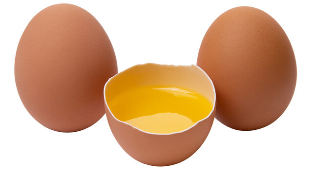 Two whole brown eggs and one cracked egg with bright yellow yolk, isolated on transparent background