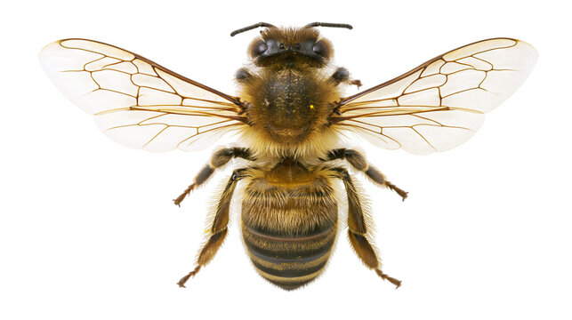 Detailed macro view of a fuzzy honey bee with transparent wings, isolated on transparent background