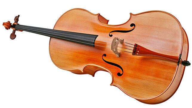 Wooden cello with four strings and f-holes, isolated on transparent background