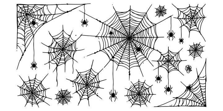 Intricate black spider webs with spiders on bare tree branches silhouette