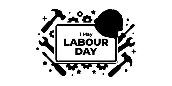 Labour day poster with tools, calendar date, and decorative celebration hammer