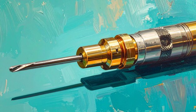 Close up of precision screwdriver with gold ferrule on turquoise background.