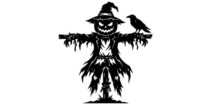 Scarecrow with crow perched on wooden post, halloween silhouette bird
