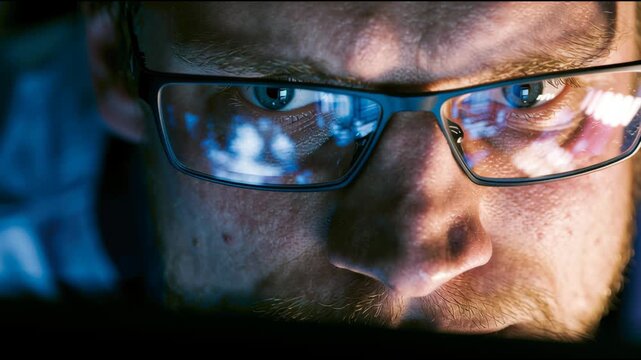 A person is concentrating on a computer screen. The setting shows a dimly lit room at night. The person wears glasses and displays deep focus.