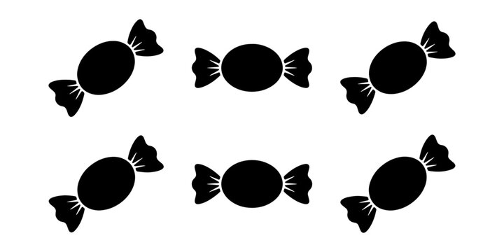 Six black chocolate candy silhouettes on white background, candy-wrapper confectionery