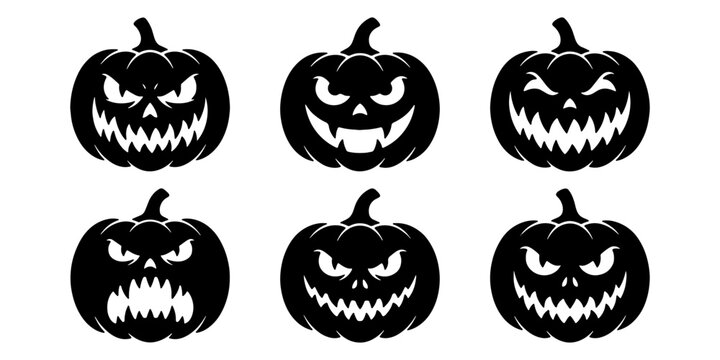 Six black jack-o'-lantern silhouettes with jagged teeth in grid pumpkin halloween
