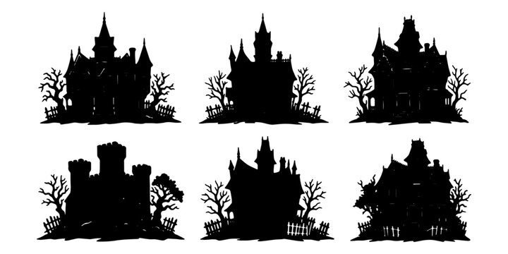 Six haunted house silhouettes with dark trees on hill outline