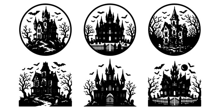 Six haunted house silhouettes with bats, trees, and full moons