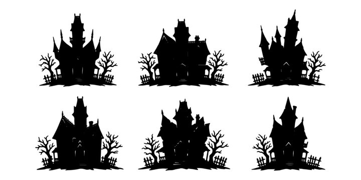 Six haunted house silhouettes with trees and crescent moon