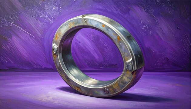 Futuristic Metal Ring Floating on Purple Background.