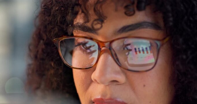 Woman, glasses and tech in office with reflection, HR data and analysis of employee retention rate. Analyst, person and online research in business with human resource stats, graphs or staff turnover