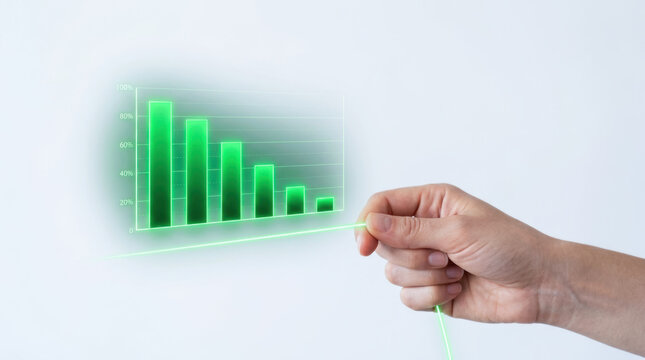 Hand holding green bar graph on white wall for energy efficient ai business growth analysis