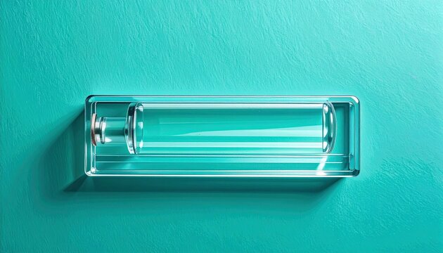 Empty glass vial with metal cap on teal background.