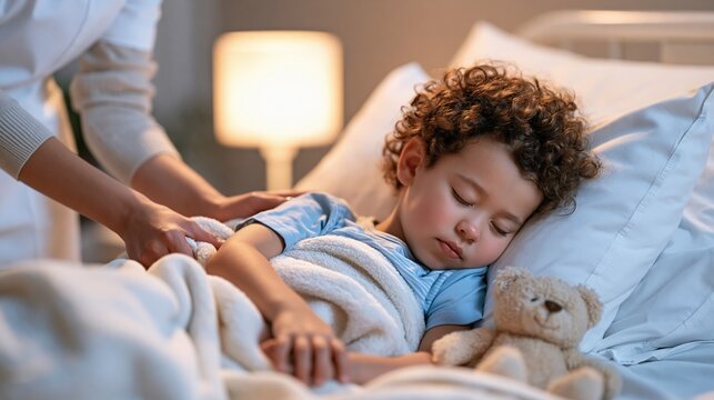 Childhood Cancer Awareness Month: a nurse's hands gently tucking a soft blanket around a sleeping child in a hospital bed, warm dim night lamp light, small teddy bear beside the pillow