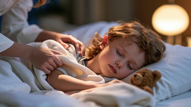 Childhood Cancer Awareness Month: a nurse's hands gently tucking a soft blanket around a sleeping child in a hospital bed, warm dim night lamp light, small teddy bear beside the pillow