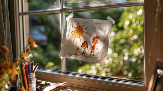 Childhood Cancer Awareness Month: a child's crayon drawing of a sun and family taped to a hospital window, soft backlit sunlight glowing through the paper, blurred green hospital garden visible outsid