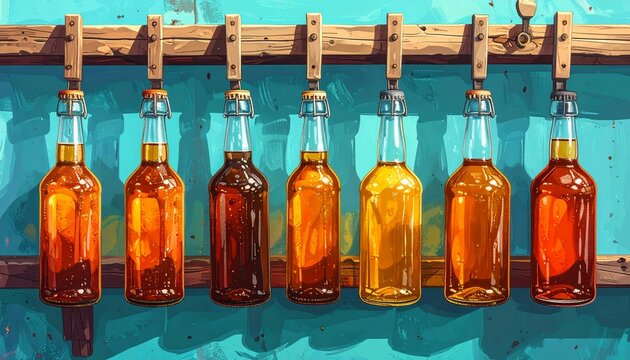 Colorful Glass Bottles Hanging on Rustic Wooden Shelf.