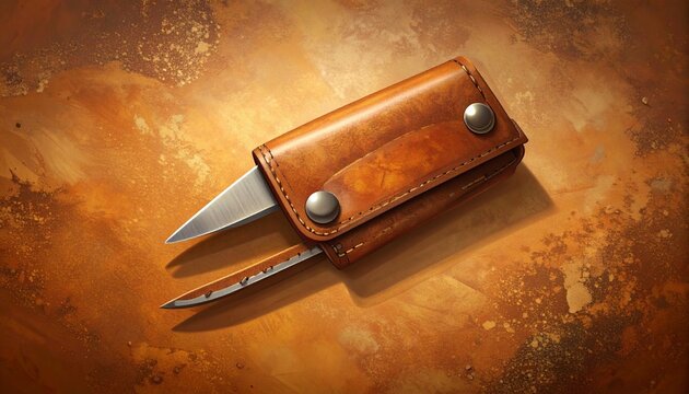 Vintage Leather Sheath with Folding Knife on Rustic Surface.