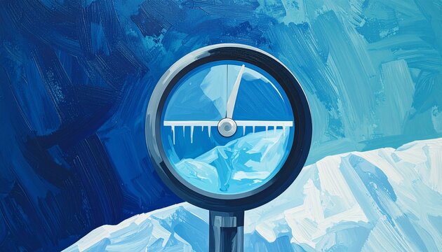 Vintage pressure gauge on icy blue background.