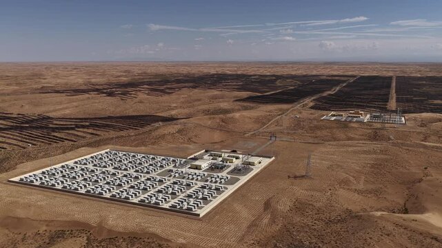 Aerial View of Utility-Scale Solar Farm with Battery Energy Storage System in Arid Desert