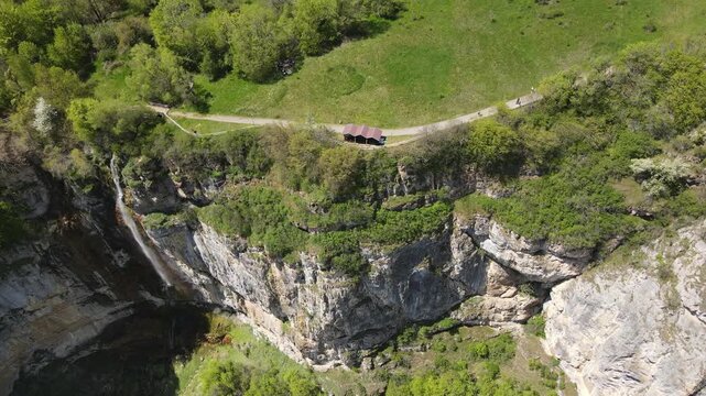 Aerial view of Skaklya Waterfall near village of Zasele, Balkan Mountains, Bulgaria
